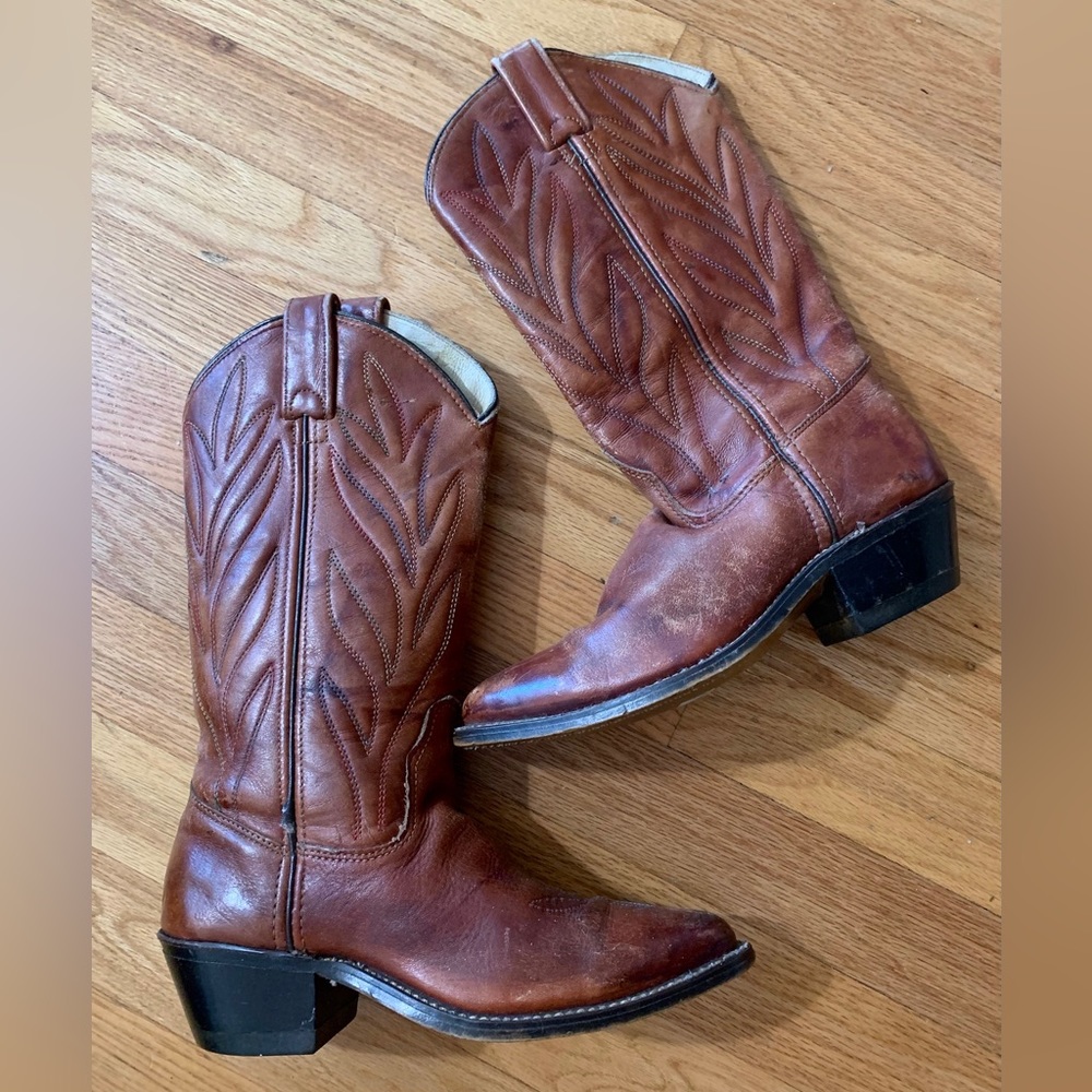Brown Leather Cowboy Boots w/ Rainbow Stitching